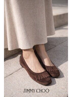 Jimmy Choo Brown Suede Ballet Flats 38.5 EU Fringe Moccasin Slip On Italy
